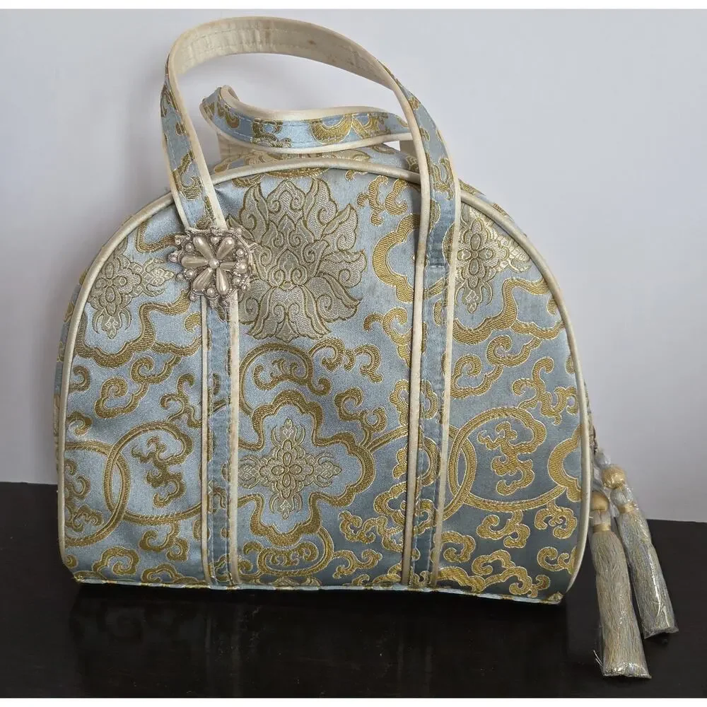 4 Piece Chinoiserie Zip Travel Cosmetic Tote Bag Set Blue Gold Satin